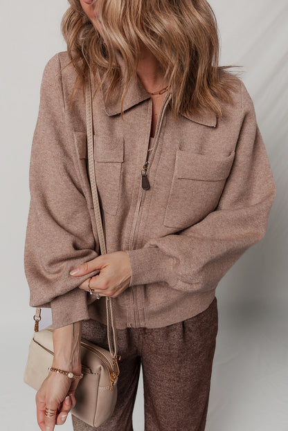 Old Rose Flap Chest Pocket Full Zipper Bubble Sleeve Collared Short Cardigan