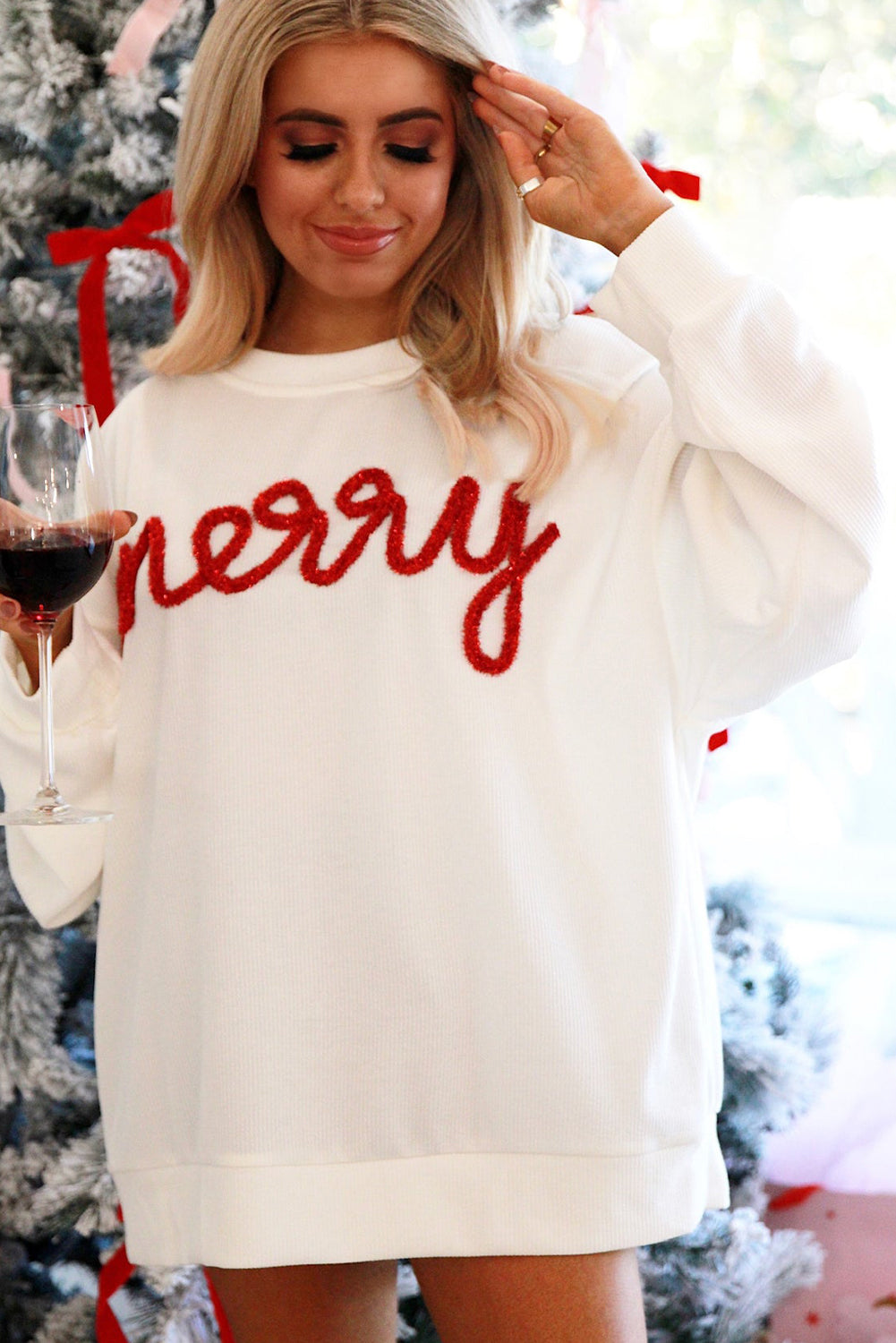 White Let_s Be Merry Tinsel Rib Top