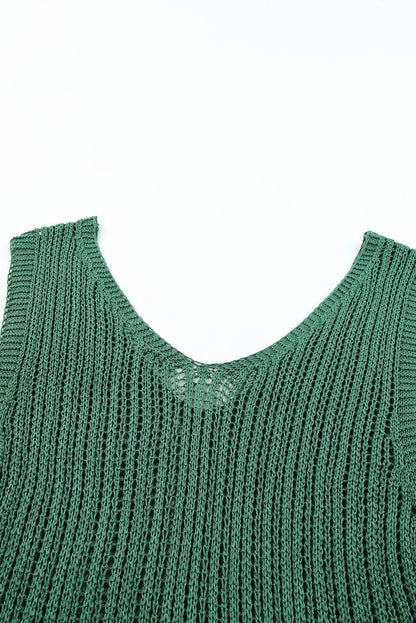 Green Hollowed Knit Sleeveless V Neck Tank Top