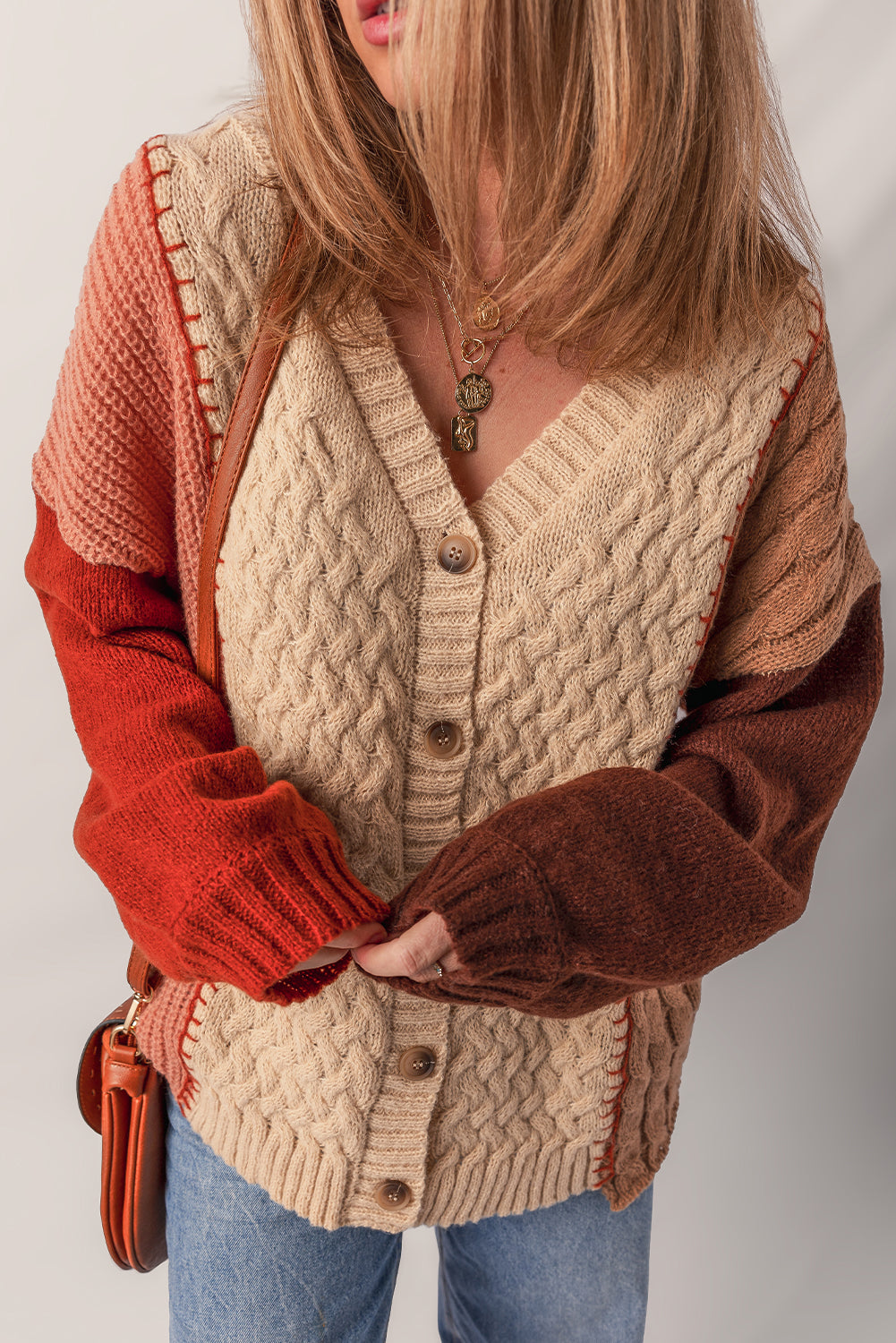 Light French Beige Color Block Mixed Texture Patchwork Button V Neck Sweater Cardigan
