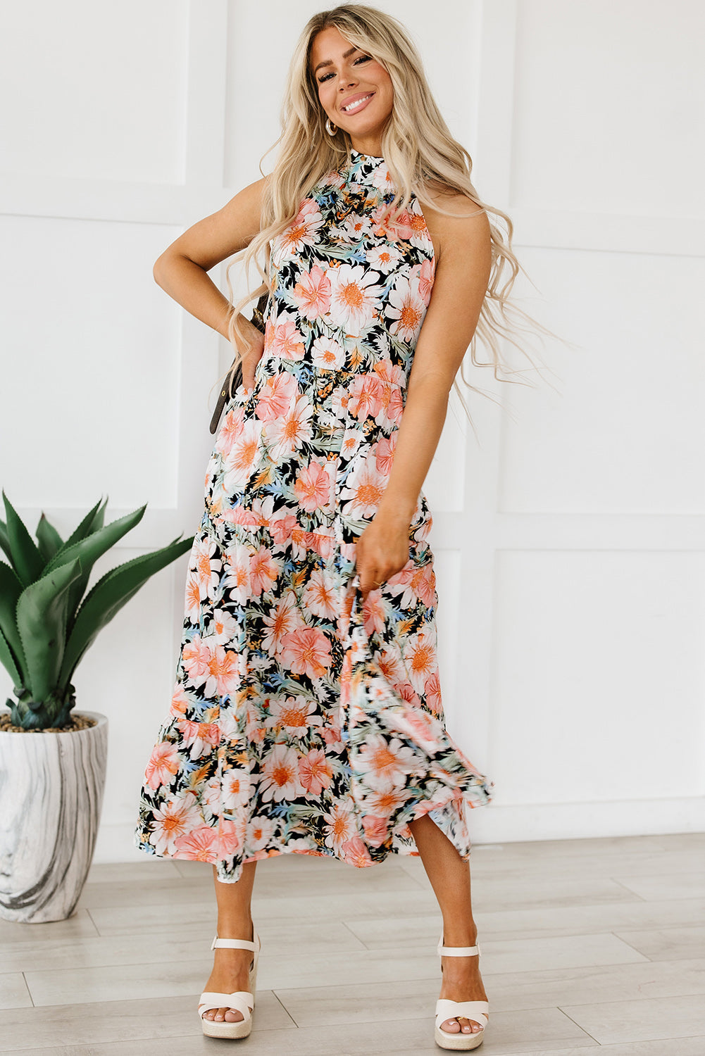 Floral V-Neck Off-Shoulder Short Sleeve Dress