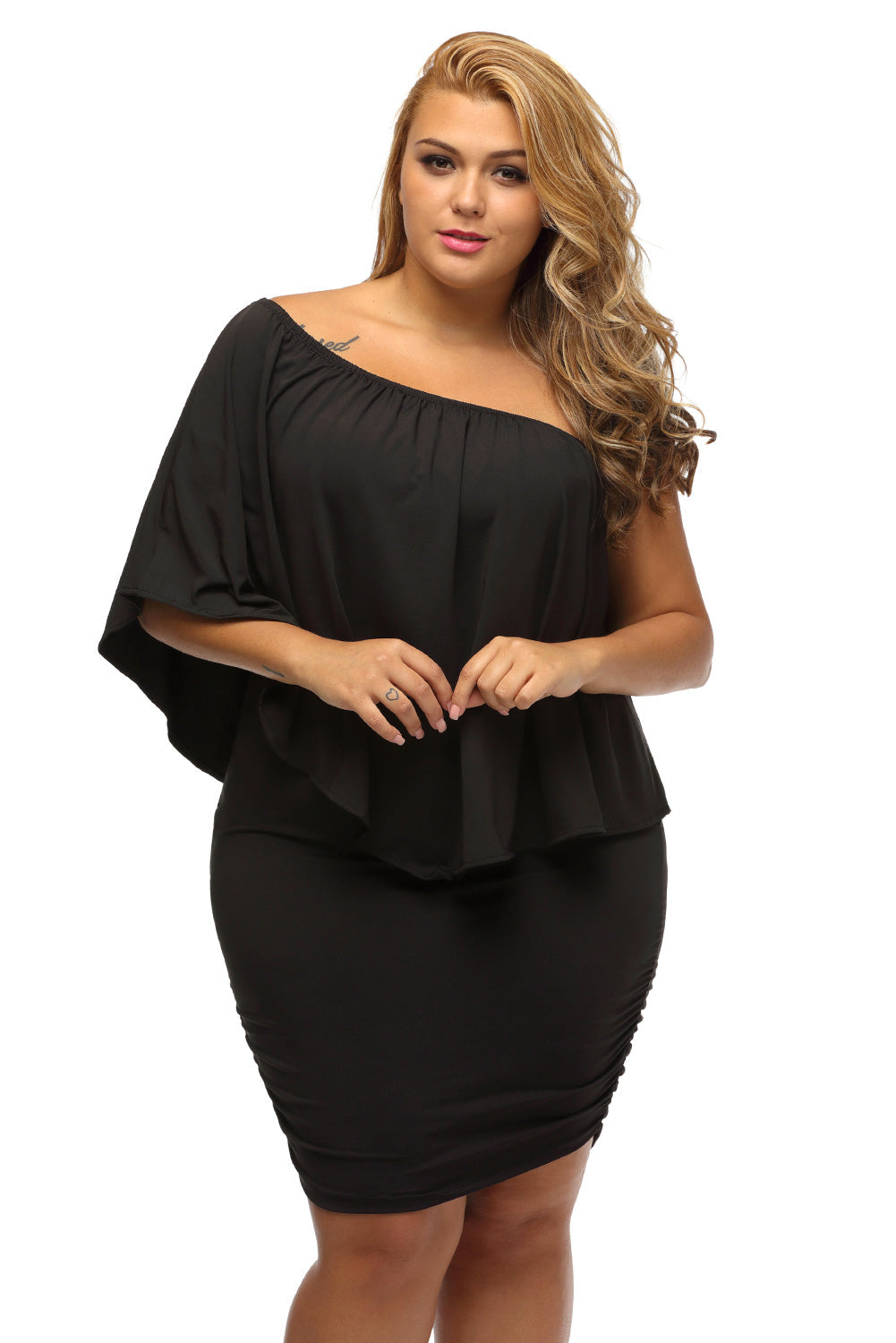 Elegant Black Layered Poncho Mini Dress for Plus Size Women