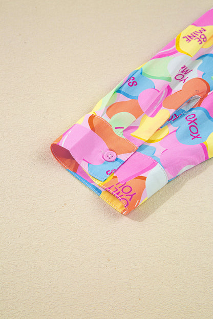 Pink Valentines Candy Heart V Neck Collared Tunic Shirt and Shorts 2pcs Pajama Set