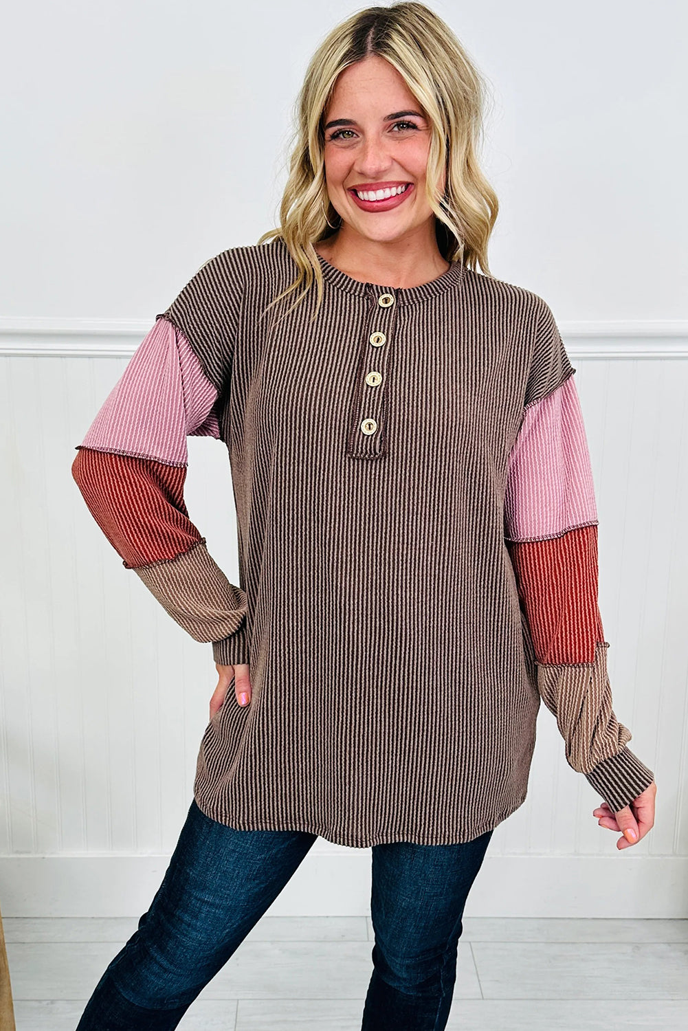 Goat Twisted Ribbed Exposed Seam Color Block Patchwork Long Sleeve Henley Top