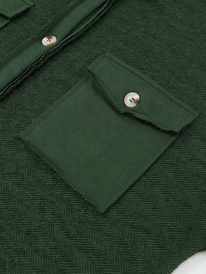 Green Knit Cotton Blend Casual Shacket with Chest Pockets