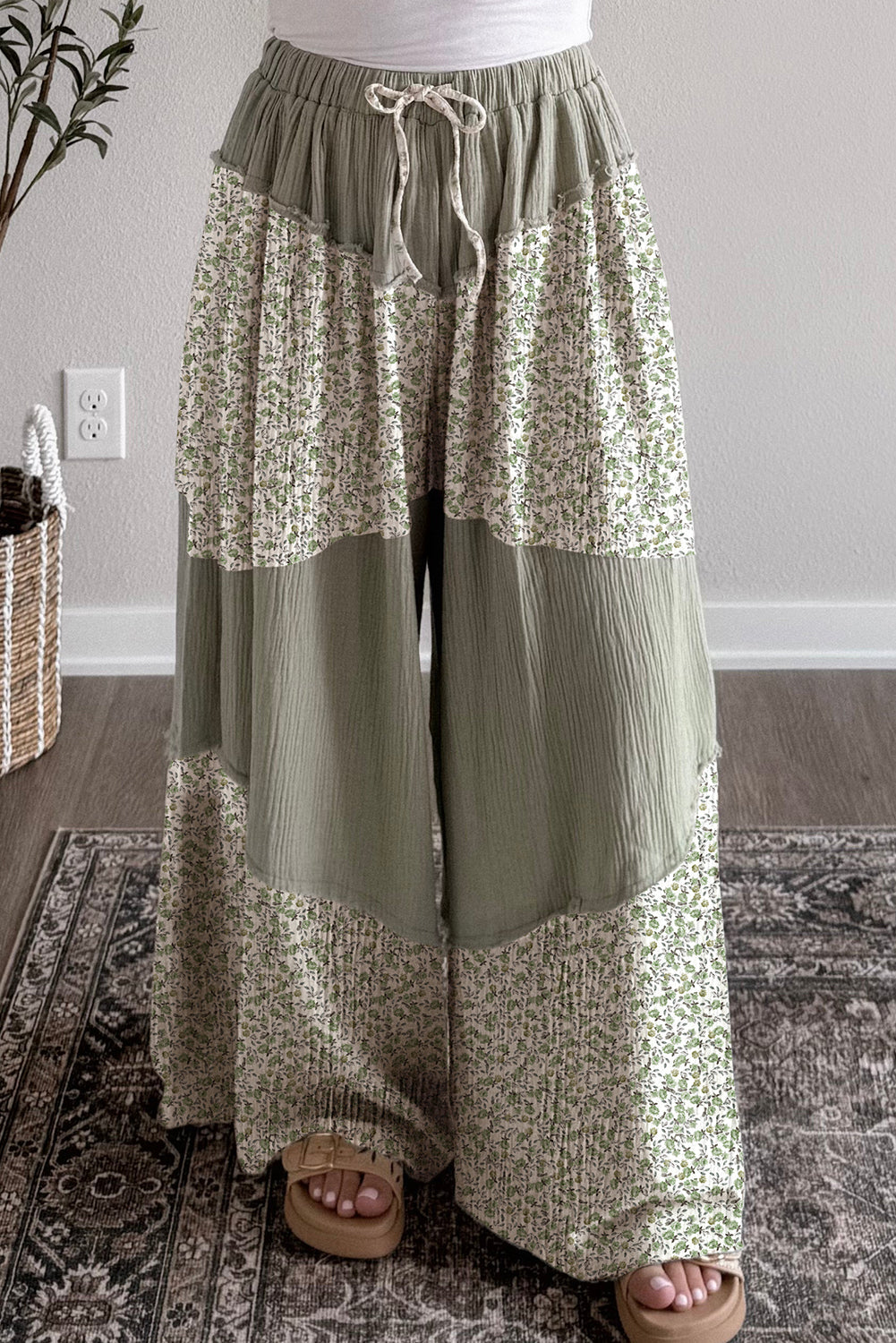 Green Raw Seam Floral Color Block Patchwork Crinkled Wide Leg Pants