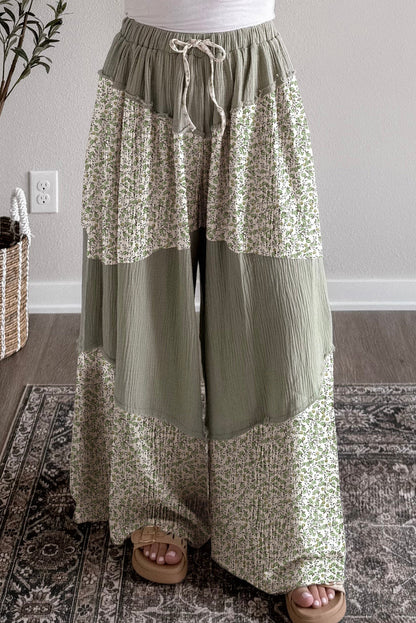 Green Raw Seam Floral Color Block Patchwork Crinkled Wide Leg Pants
