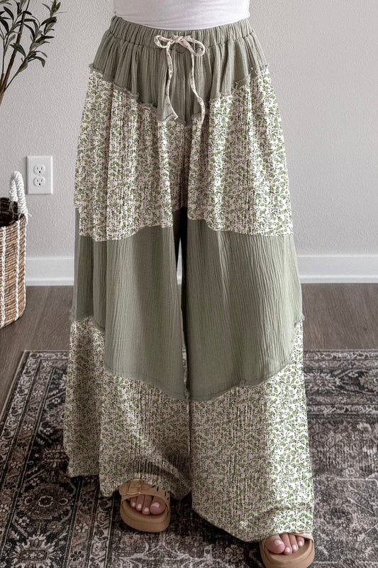 Green Raw Seam Floral Color Block Patchwork Crinkled Wide Leg Pants