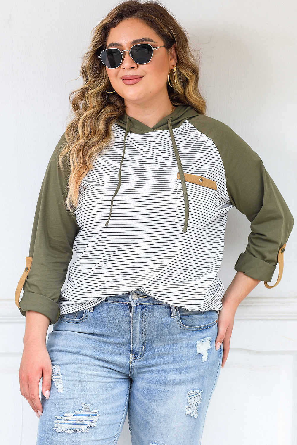 Green Striped Plus Size Hoodie with Raglan Sleeves and Buttoned Pocket