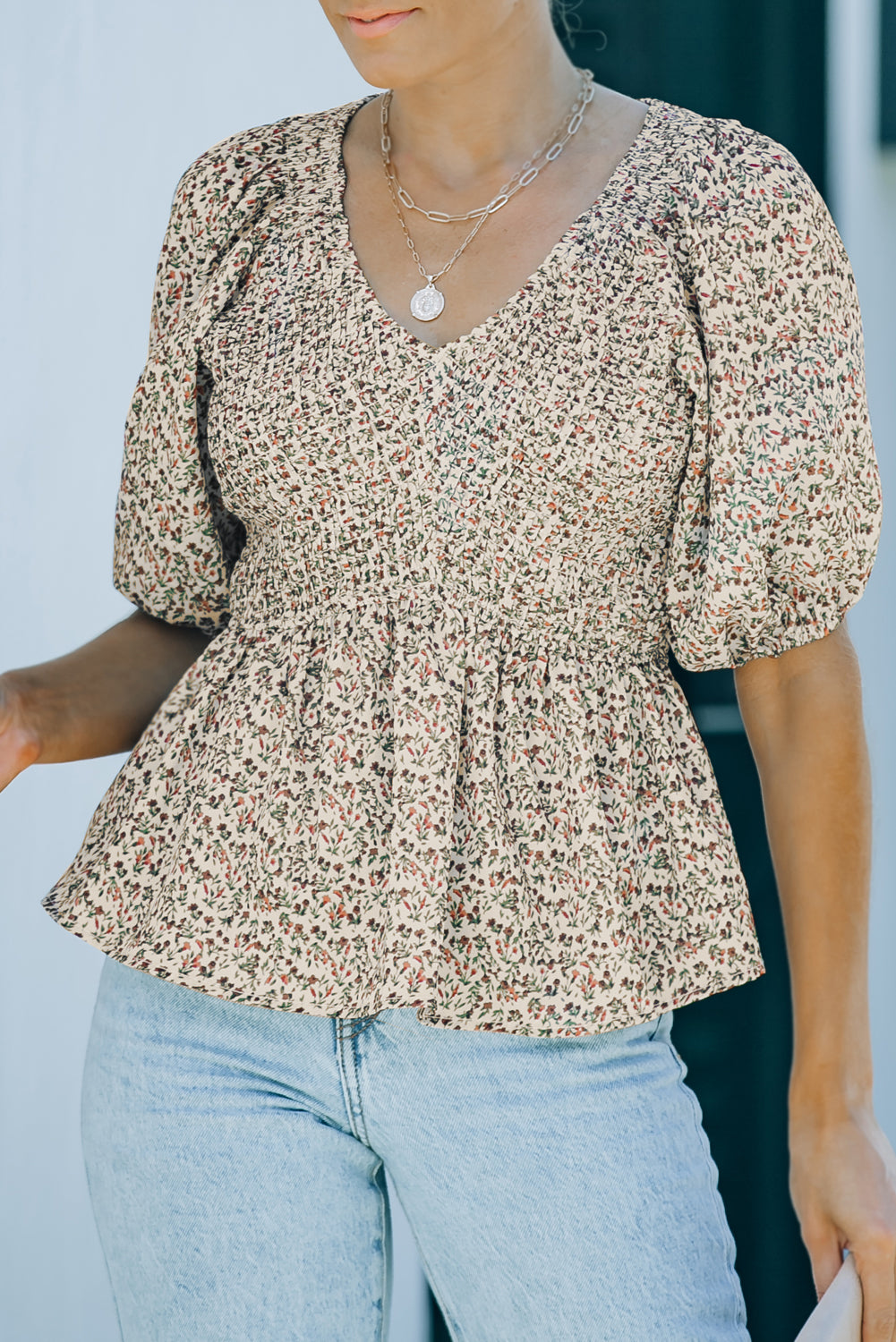 Floral Puff Sleeve Peplum Blouse