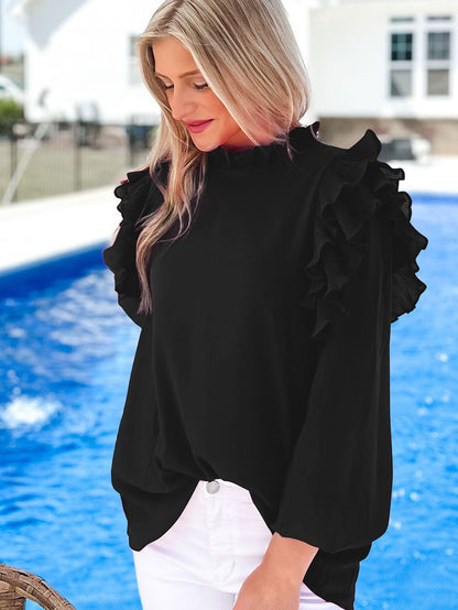 Elegant Black Ruffle Sleeve Keyhole Back Blouse