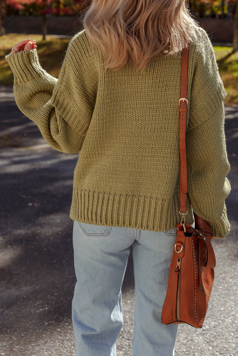 Guacamole Green Solid Color Ruffled Chunky Loose Sweater