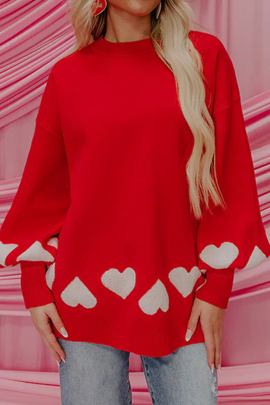 Fiery Red Contrast Heart Pattern Lantern Sleeve Tunic Sweater