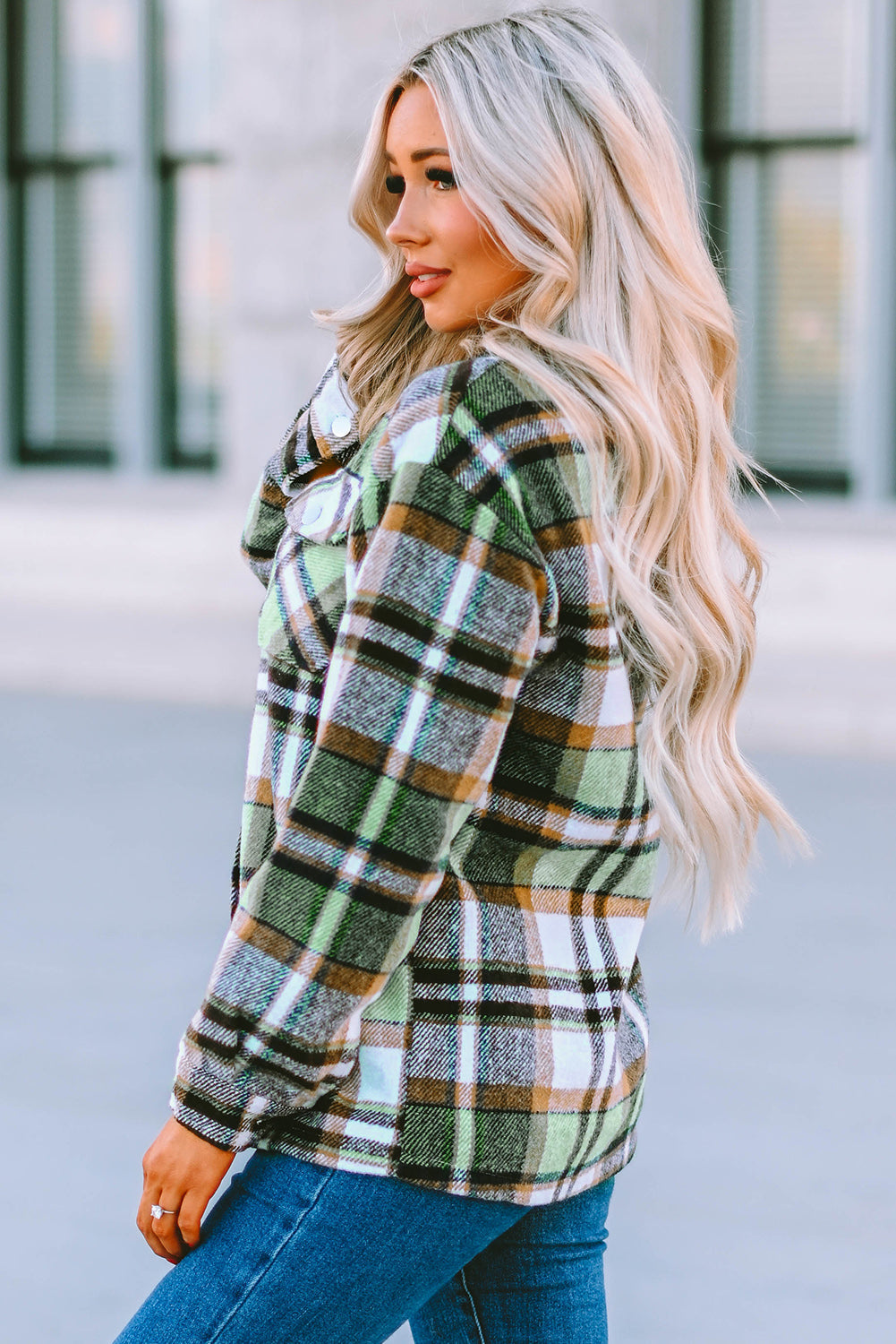 Green Plaid Print Shacket with Pockets