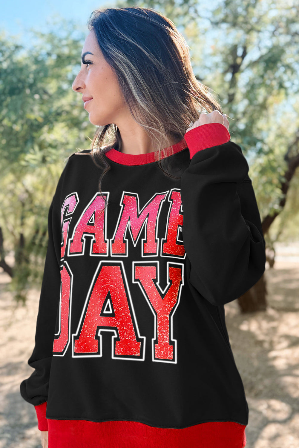 Black GAME DAY Letter Graphic Varsity Striped Detail Baggy Sweatshirt