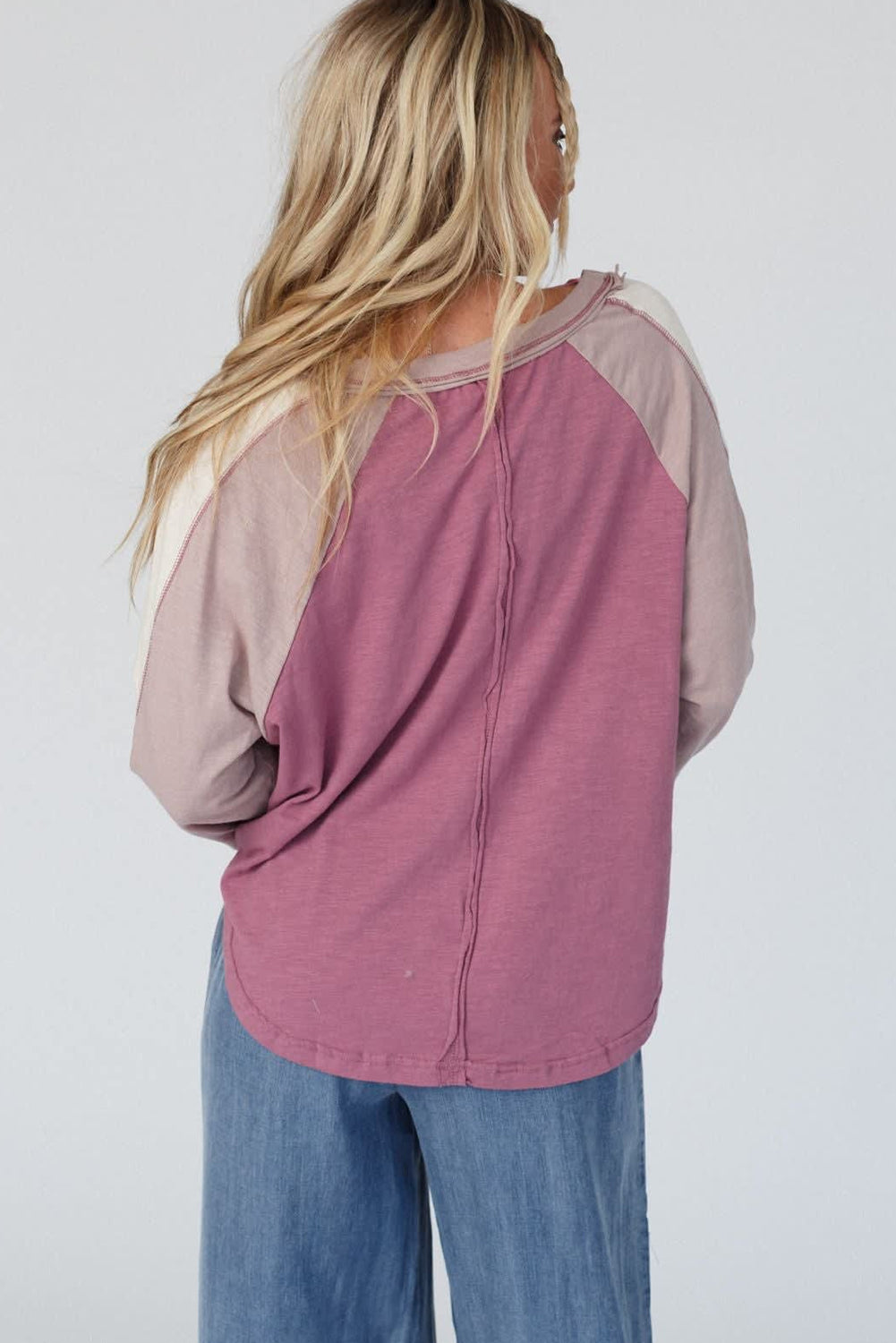 Heather Color Block Stitched Raglan Sleeve Loose Top