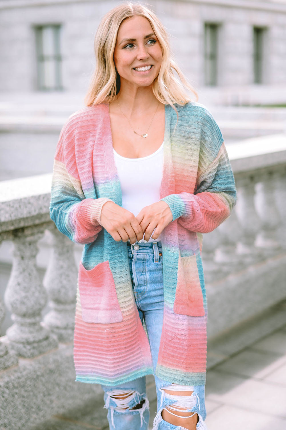 Green Tie-Dye Knit Duster Cardigan with Pockets