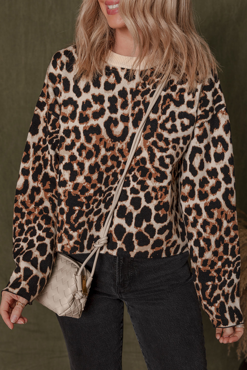 Brown Leopard Print Crew Neck Sweater