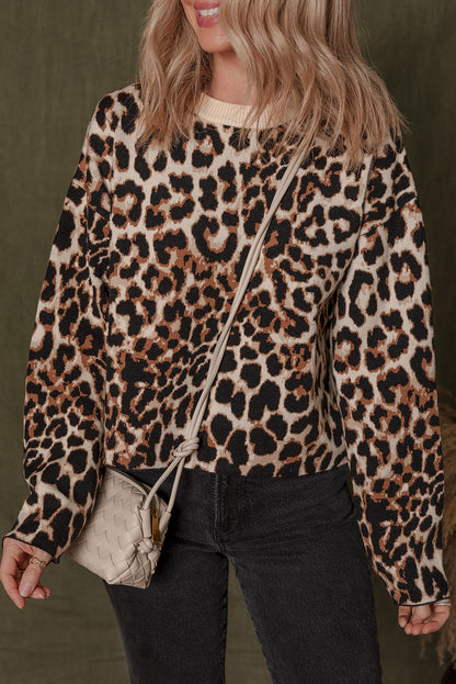 Brown Leopard Print Crew Neck Sweater