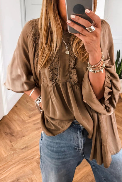 Dark Khaki Silky Round Neck Lace Frilled Detail Long Sleeve Blouse