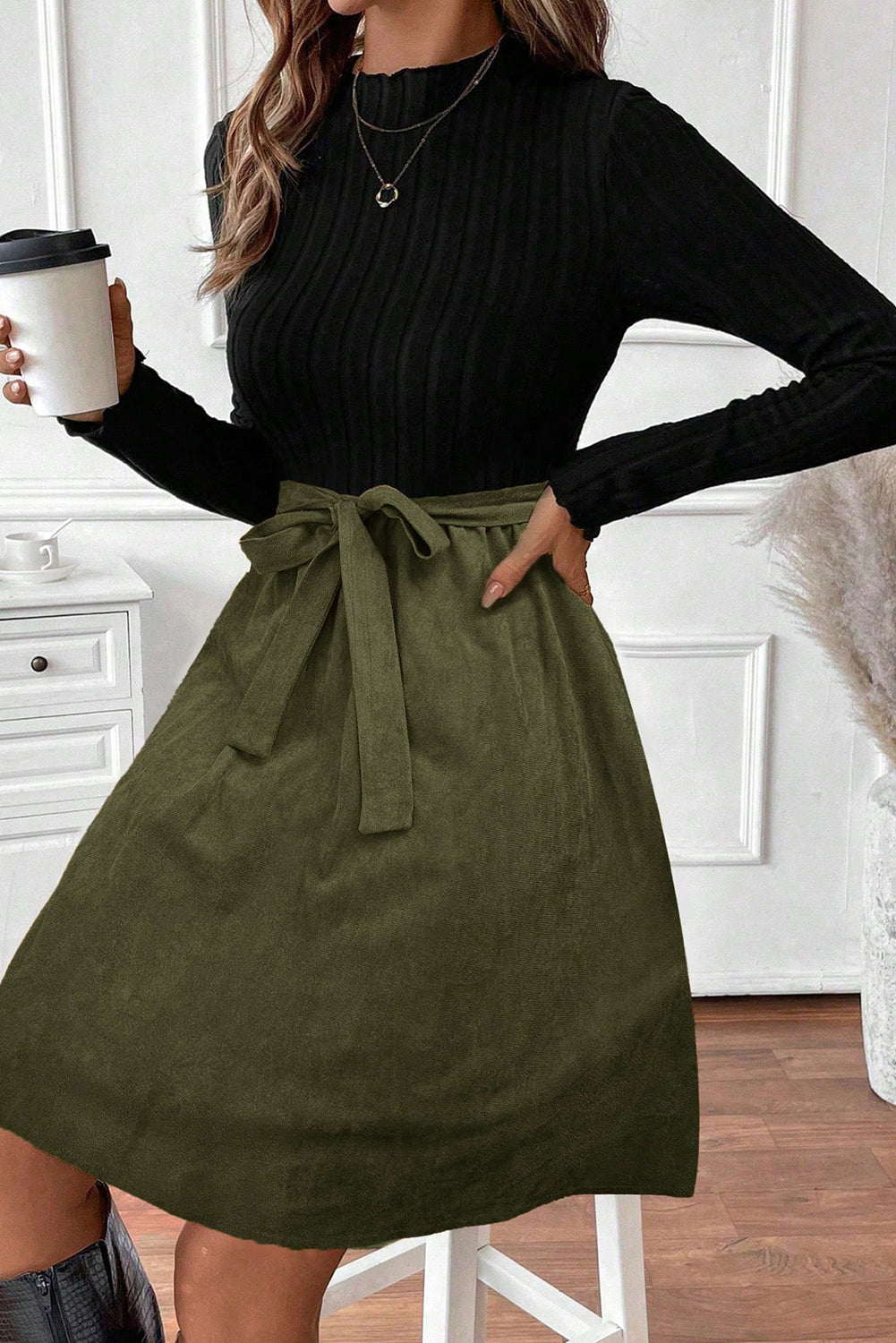 Black Ribbed Knit Slim Bodice Contrast Flared Skirt Patchwork Belted Dress