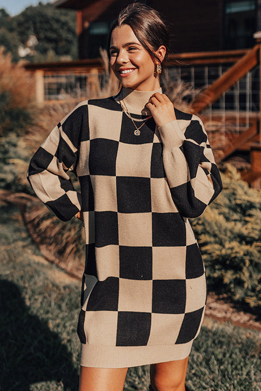 Black Checkered Pattern Knit Drop Shoulder High Neck Sweater Dress