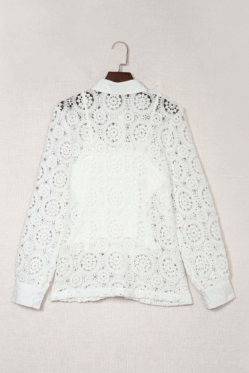 Elegant White Crochet Lace Button-Up Shirt with Turn-down Collar