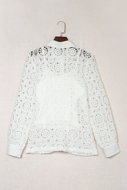 Elegant White Crochet Lace Button-Up Shirt with Turn-down Collar