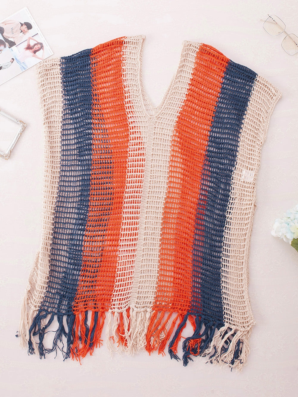 Beach Ready Striped Crochet Tassel Cover Up Dress