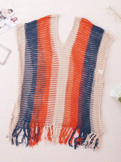Beach Ready Striped Crochet Tassel Cover Up Dress