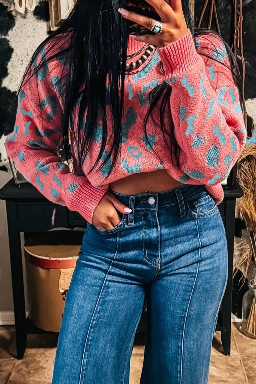 Pink Leopard Print Drop Shoulder Casual Sweater