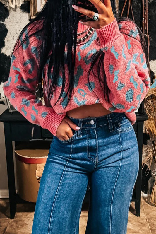 Pink Leopard Print Drop Shoulder Casual Sweater