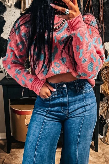 Pink Leopard Print Drop Shoulder Casual Sweater