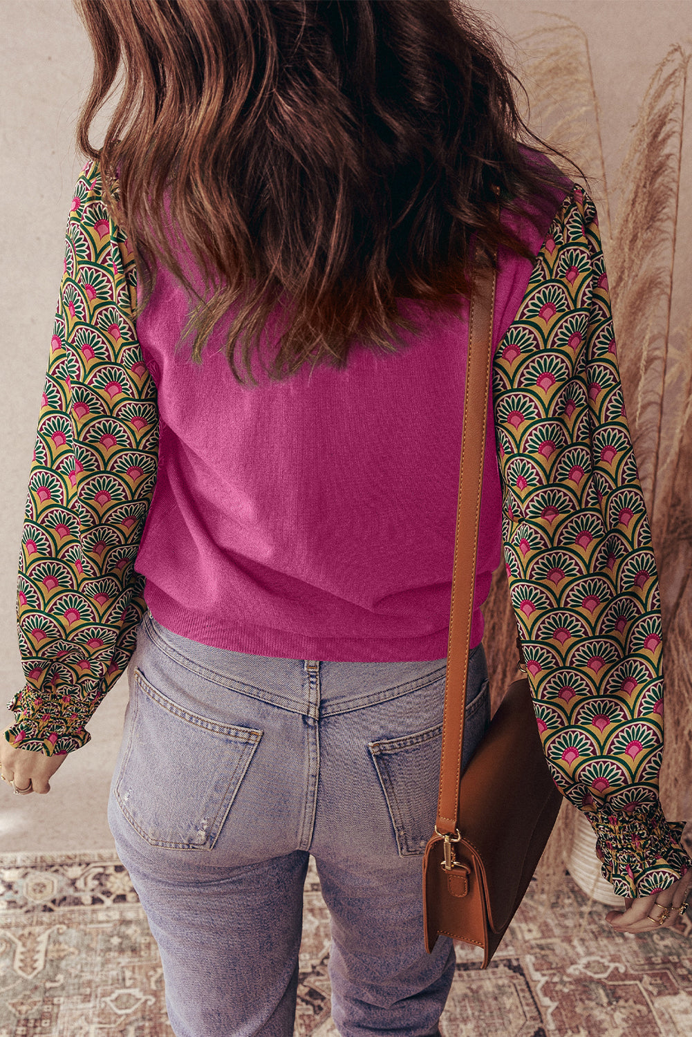 Rose Red Floral Patchwork Shirred Cuff Puff Sleeve Sweater