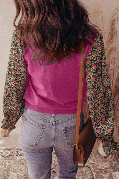 Rose Red Floral Patchwork Shirred Cuff Puff Sleeve Sweater