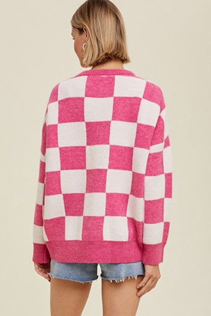 Bright Pink Ribbed Trim Checkered Pattern Knit Baggy Sweater