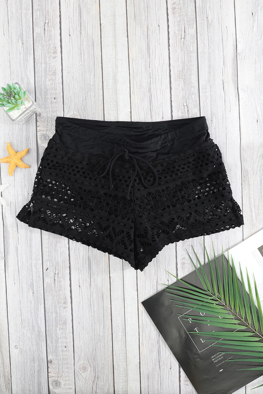 Black Lace Swim Shorts with Attached Briefs