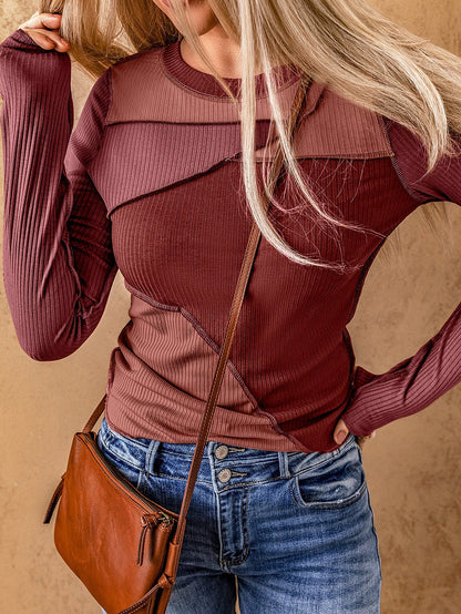 Fiery Red Color Block Ribbed Knit Top with Exposed Seams