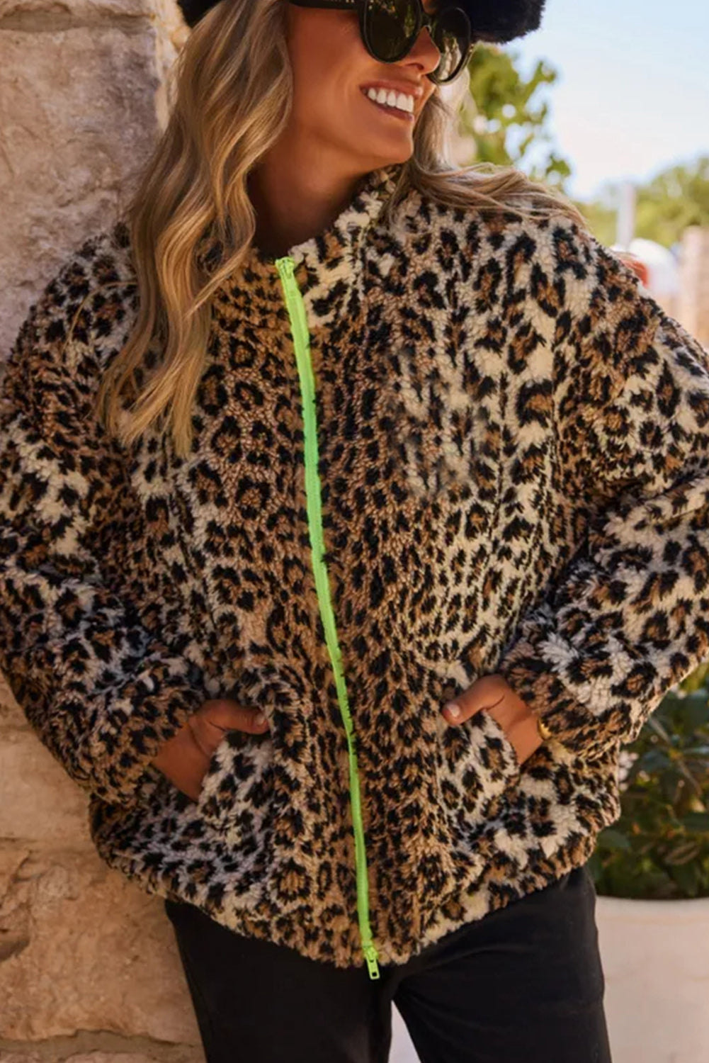 Khaki Oversized Leopard Fleece Jacket