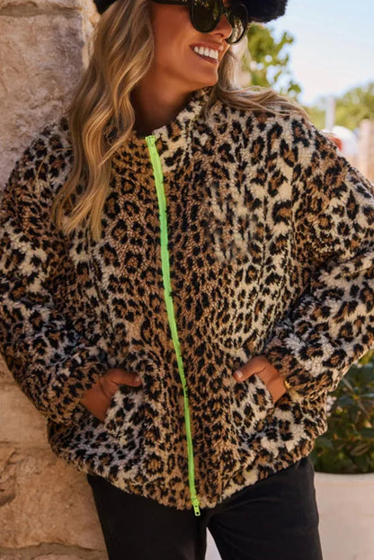 Khaki Oversized Leopard Fleece Jacket