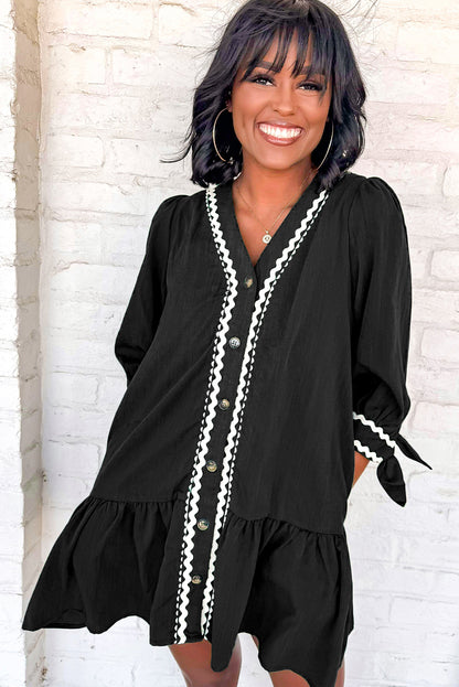 Black Contrast Ricrac Trim Button V Neck Knotted Bracelet Sleeve Shift Dress