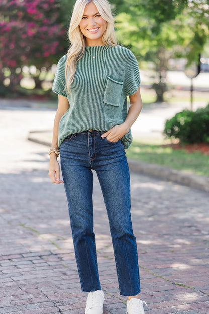 Evergreen Mineral Wash Ribbed Knit Patched Pocket Short Sleeve Loose Sweater
