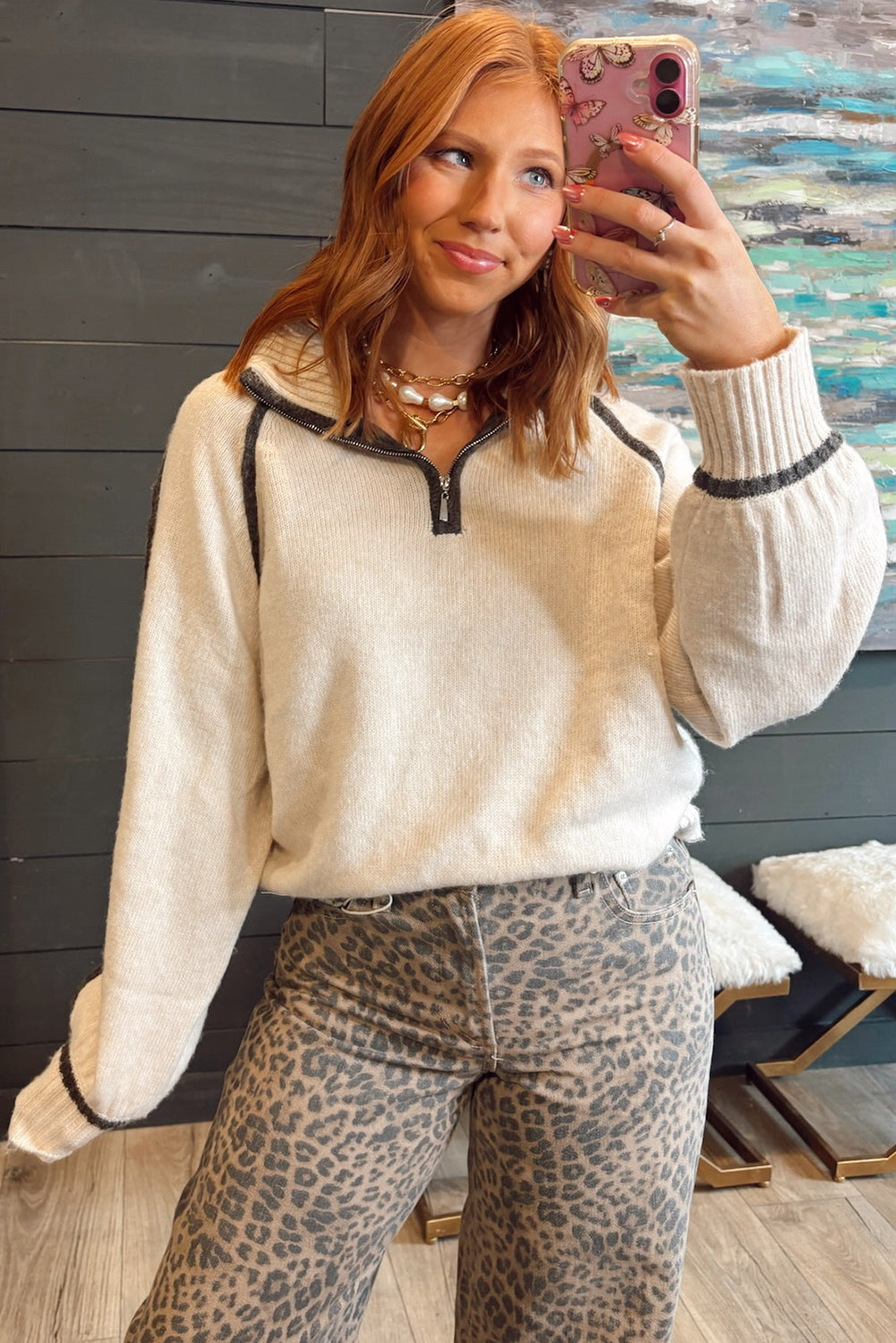 White Contrast Trim Ribbed Detail Quarter Zip Baggy Sweater