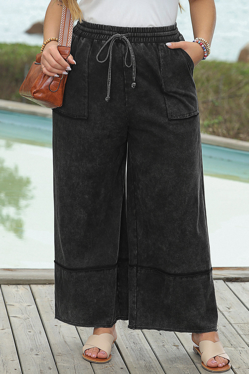 Midnight Mineral Wash Wide Leg Capri Pants with Exposed Seams