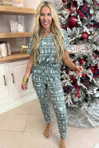 Green Snowflake/Santa Claus/ Xmas Fashion/ Print V Neck Tee Drawstring Pants 2pcs Lounge Set