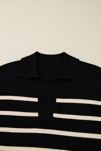 Black Stripe Polo Collar Puff Sleeve Sweater Mini Dress