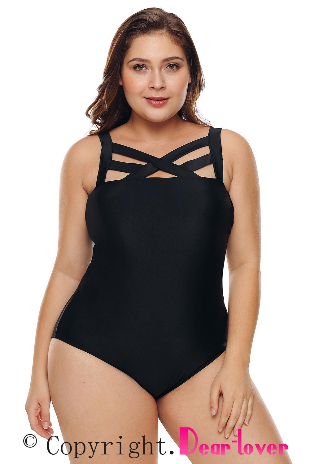 Black Hollow-out Neck Plus Size Maillot Swimsuit with Elegant Shoulder Straps