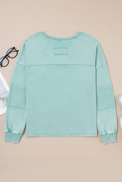 Mist Blue Mineral Wash Exposed Seam Buttoned V Neck Pullover Top