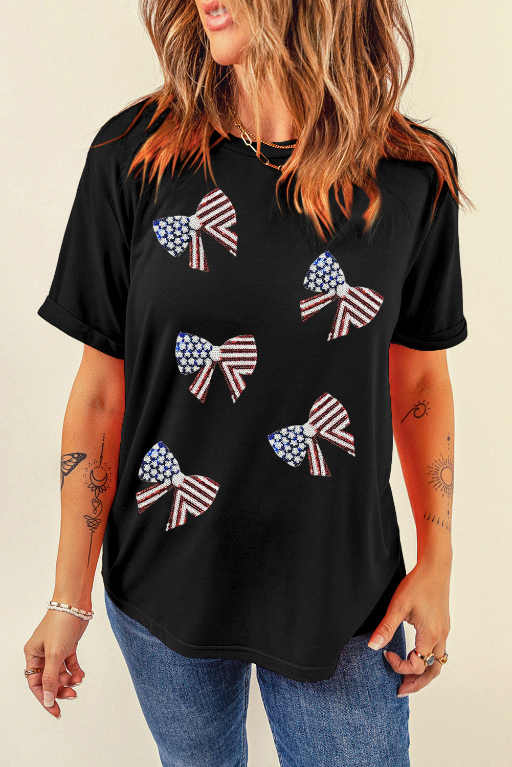 Glittering Patriotic Bowknot Graphic Tee