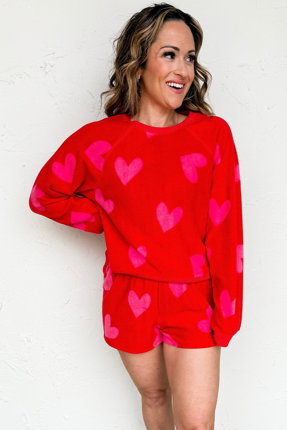 Red Valentines Heart Pattern Soft Fleece 2pcs Short Set